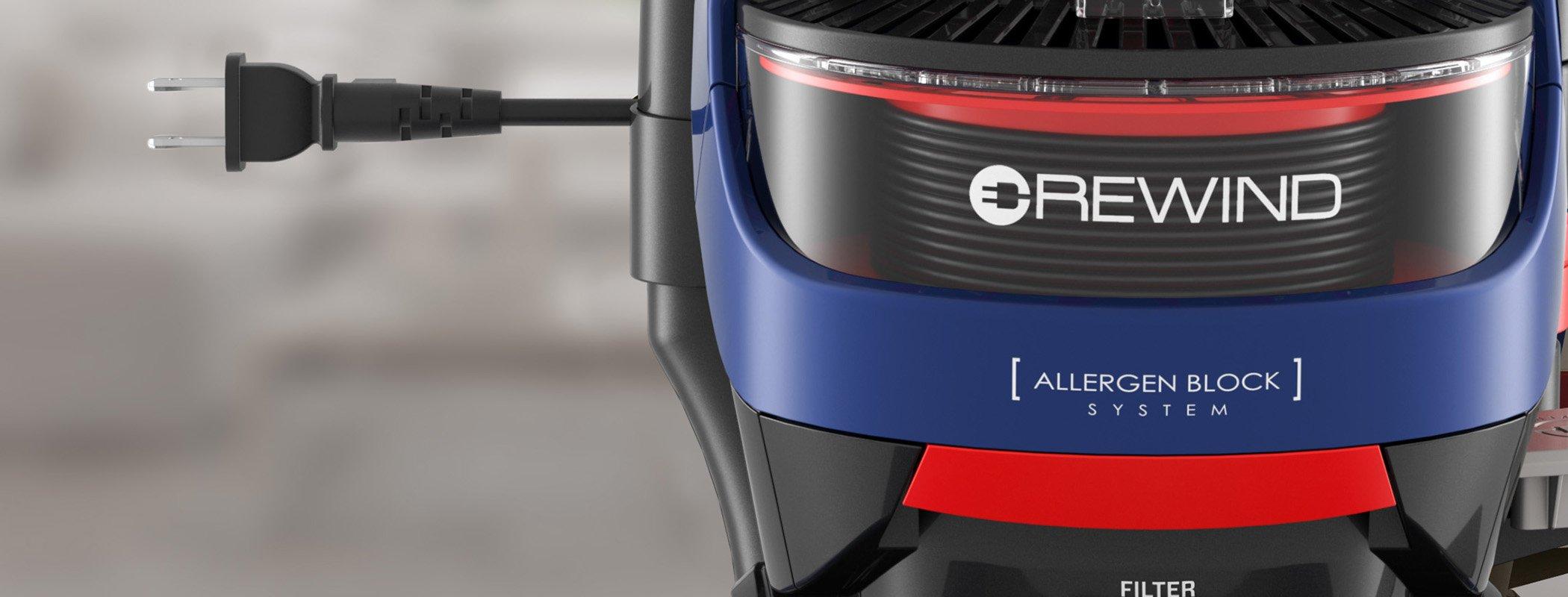 Close up of the Hoover vacuum cleaner's cord rewind feature highlighting its easy cleanup and storage