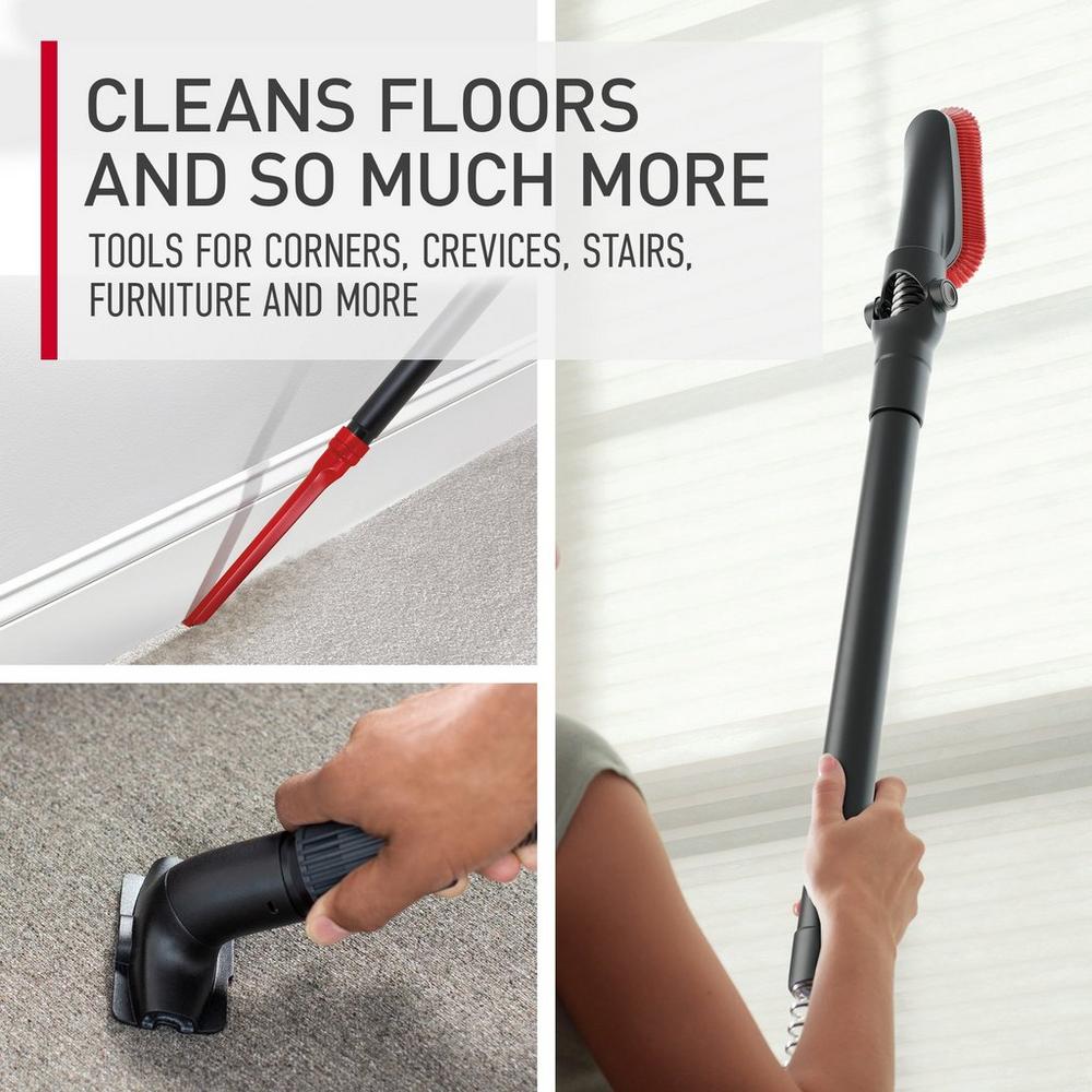 Windtunnel cord rewind pro in action showing that it has attachments for cleaning corners, crevices, stairs, furniture, window treatments, baseboards and more.