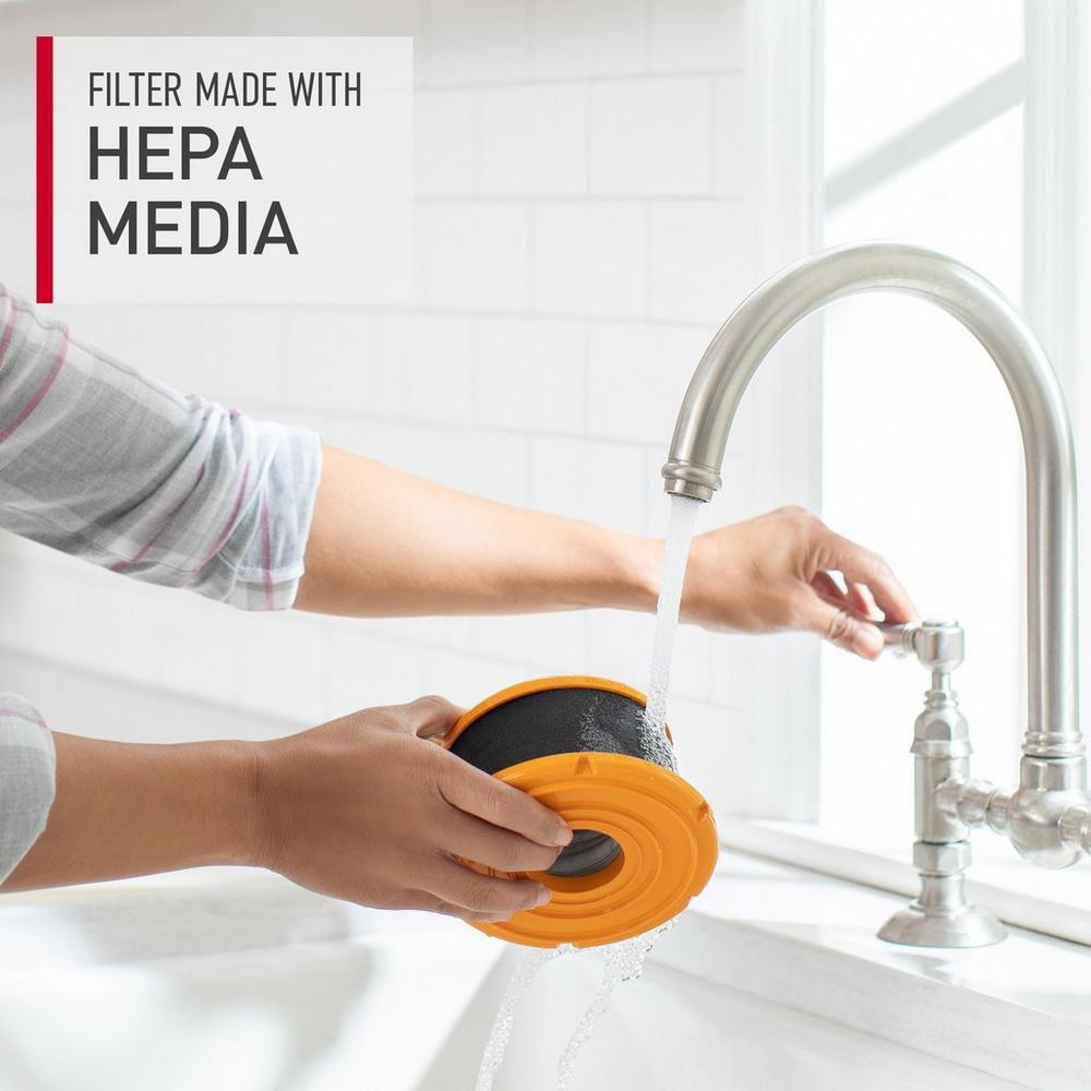 Cleaning hepa filter under a faucet. The text states the filters are made with hepa media, highly efficient in capturing allergens and fine particles.