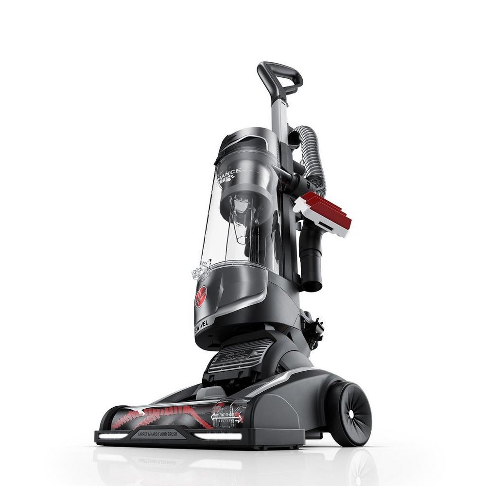 Side view of the Hoover windtunnel high performance swivel xl pet vacuum cleaner, featuring a sleek black and silver design with red accents