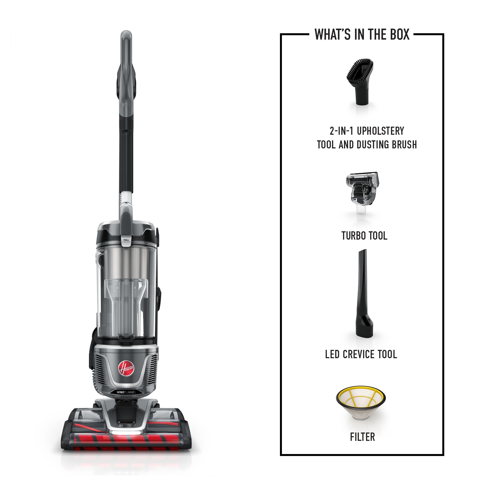Hoover vacuum cleaner, Windtunnel all terrain dual brush roll, is shown next to the 2 in 1 upholstery tool and dusting brush, hoover turbo tool, hoover led crevice tool, and a filter all included in the box