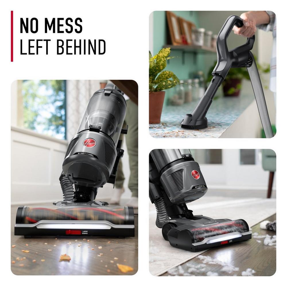 Hoover vacuum cleaner shown in various cleaning scenarios with text "no mess left behind," demonstrating versatility and thorough cleaning on multiple surfaces.