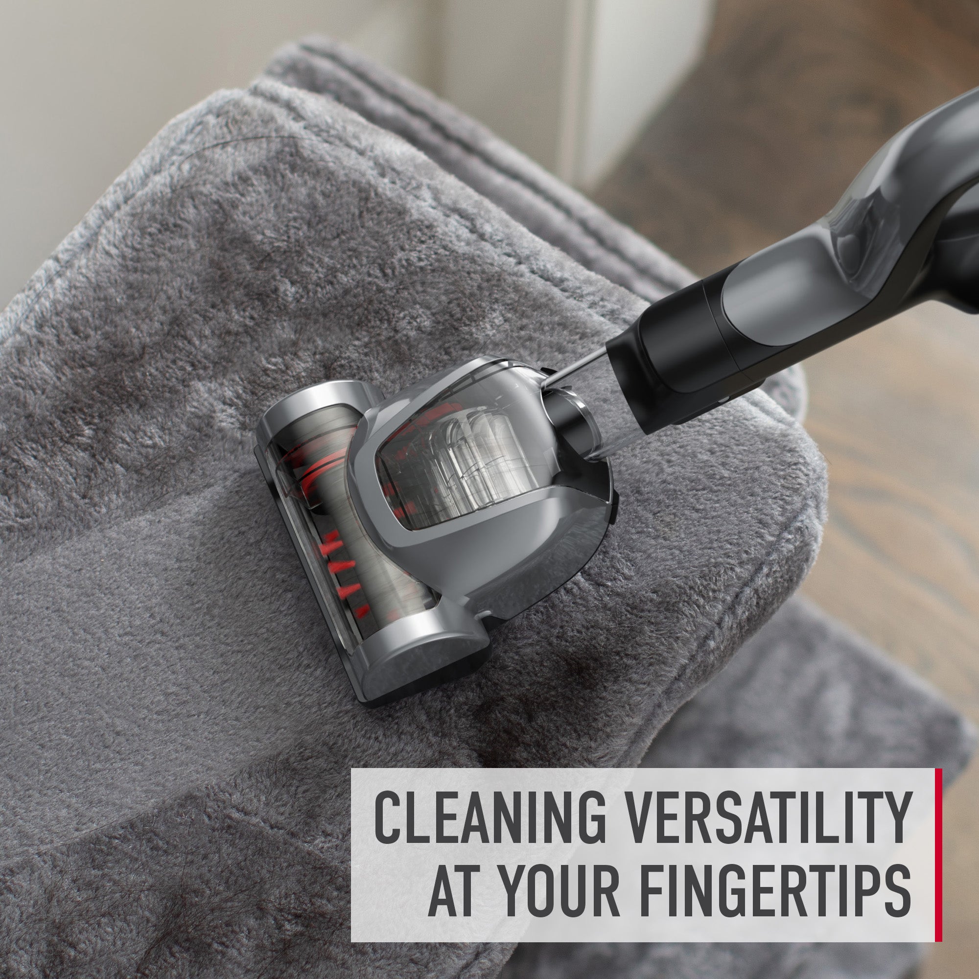 Close up of the hoover turbo tool cleaning a plush carpeted surface demonstrating its versatility and ease of use