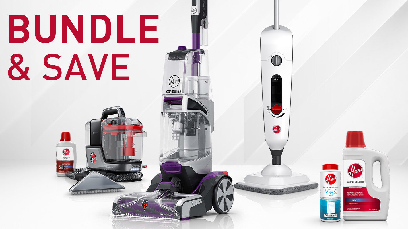 Bundle And Save banner showing portable spot cleaner, solutions, steam cleaner, and carpet washer