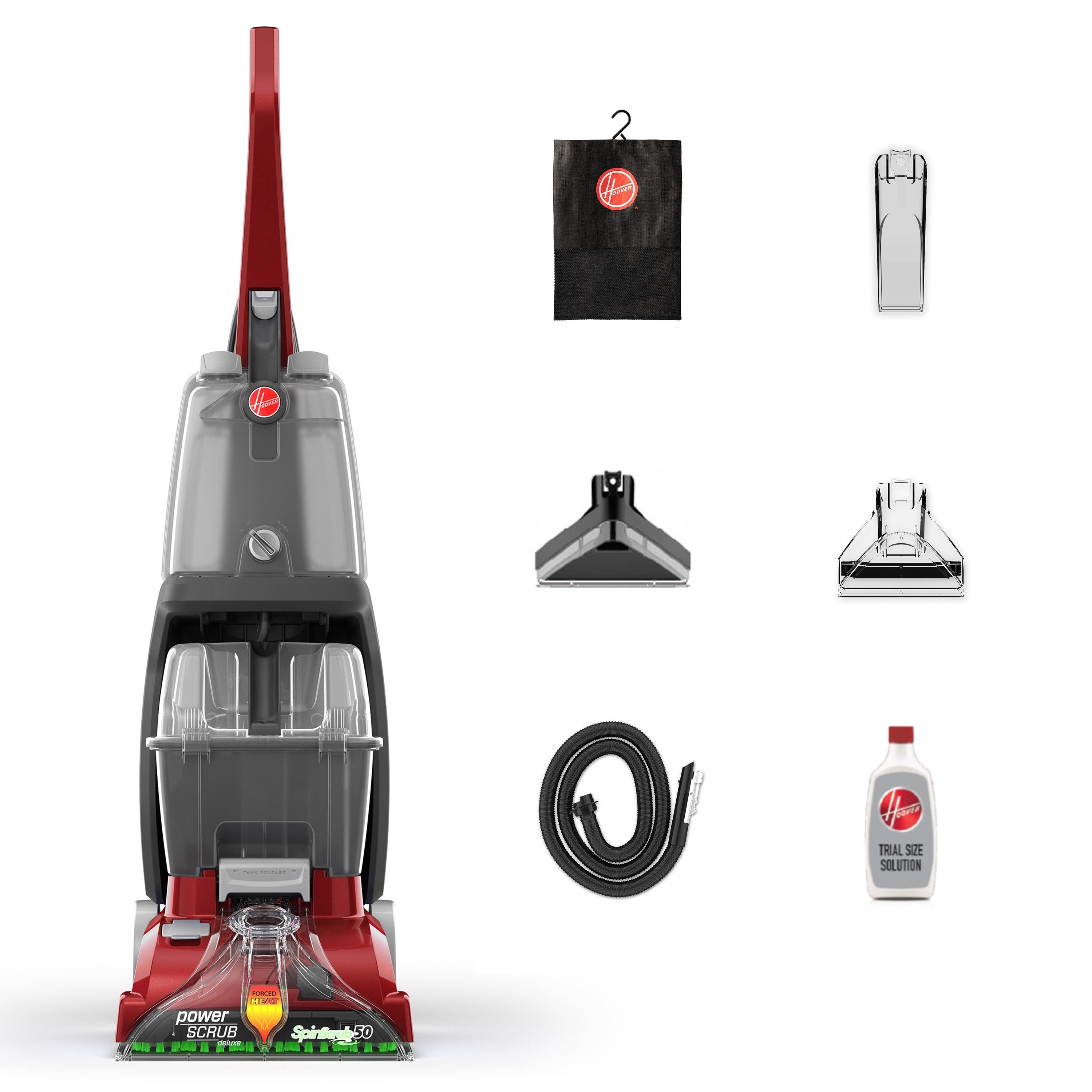 Hoover powerscrub deluxe carpet cleaner shown next to the upholstery tool, crevice tool, stair tool, hose, cleaning solution, and storage bag