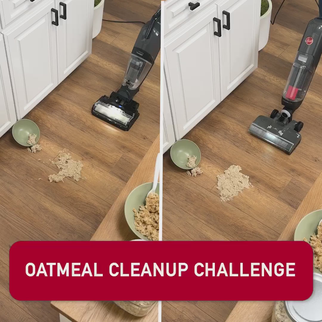Video of The Hoover Streamline Wet Dry Hard Floor Vacuum cleaning cereal off the floor against a Bissell Hydrosteam Wet Dry Vacuum. Hoover cleans up all the cereal while Shark pushes it around, clogs then shuts itself off, and leaves behind a mess.