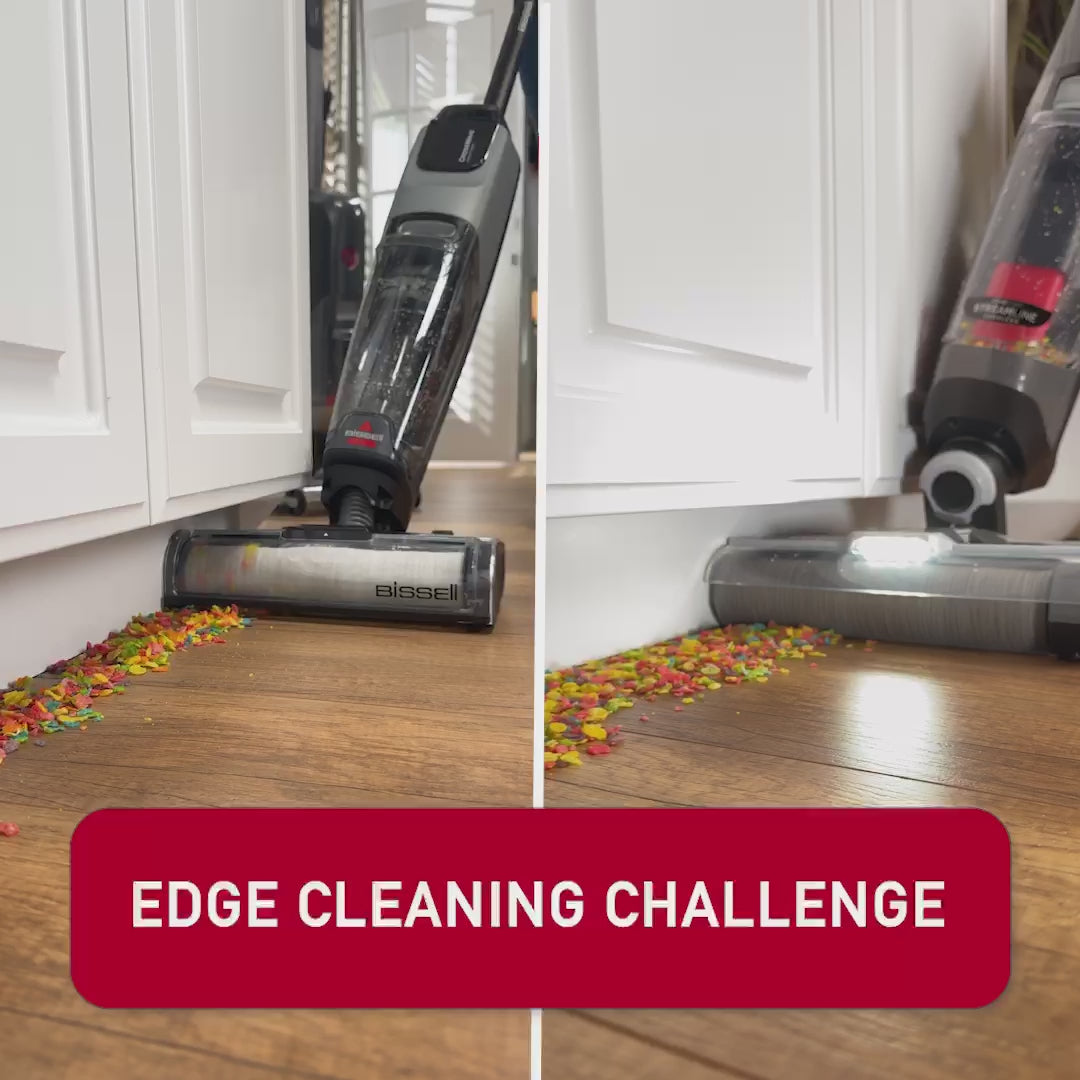 Video of The Hoover ONEPWR Streamline Cordless Wet Dry Hard Floor Vacuum cleaning cereal off the floor by the baseboards against a Bissell CrossWave OmniForce All-in-One Multi-Surface Cleaner. The Hoover cleans up all the cereal even all the way to the edge while Bissell pushes it around and leaves behind a mess.