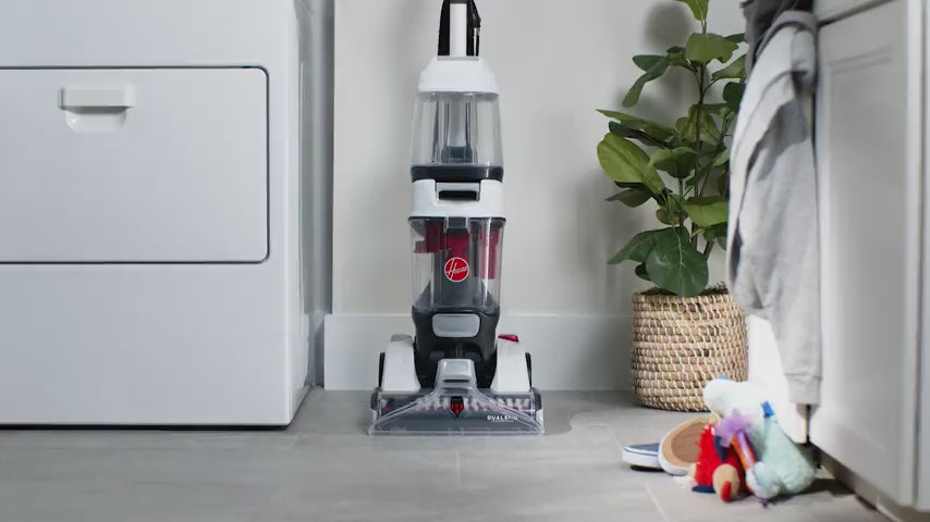 Load video: Hoover Dual Spin Carpet Cleaner in action on multiple surfaces showcasing its heavy duty deep clean.