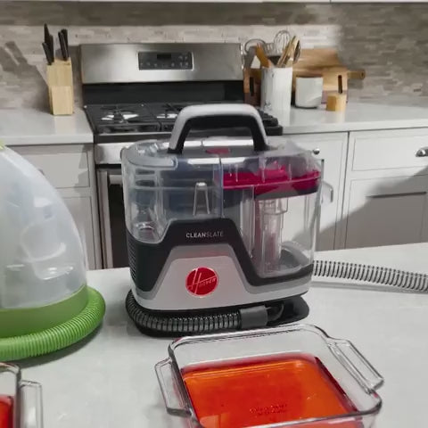Cleanslate spot cleaner and Bissell Little green are shown in action sucking up the same amount of fluids. Cleanslate showed it's 30% more powerful than Bissell little green.