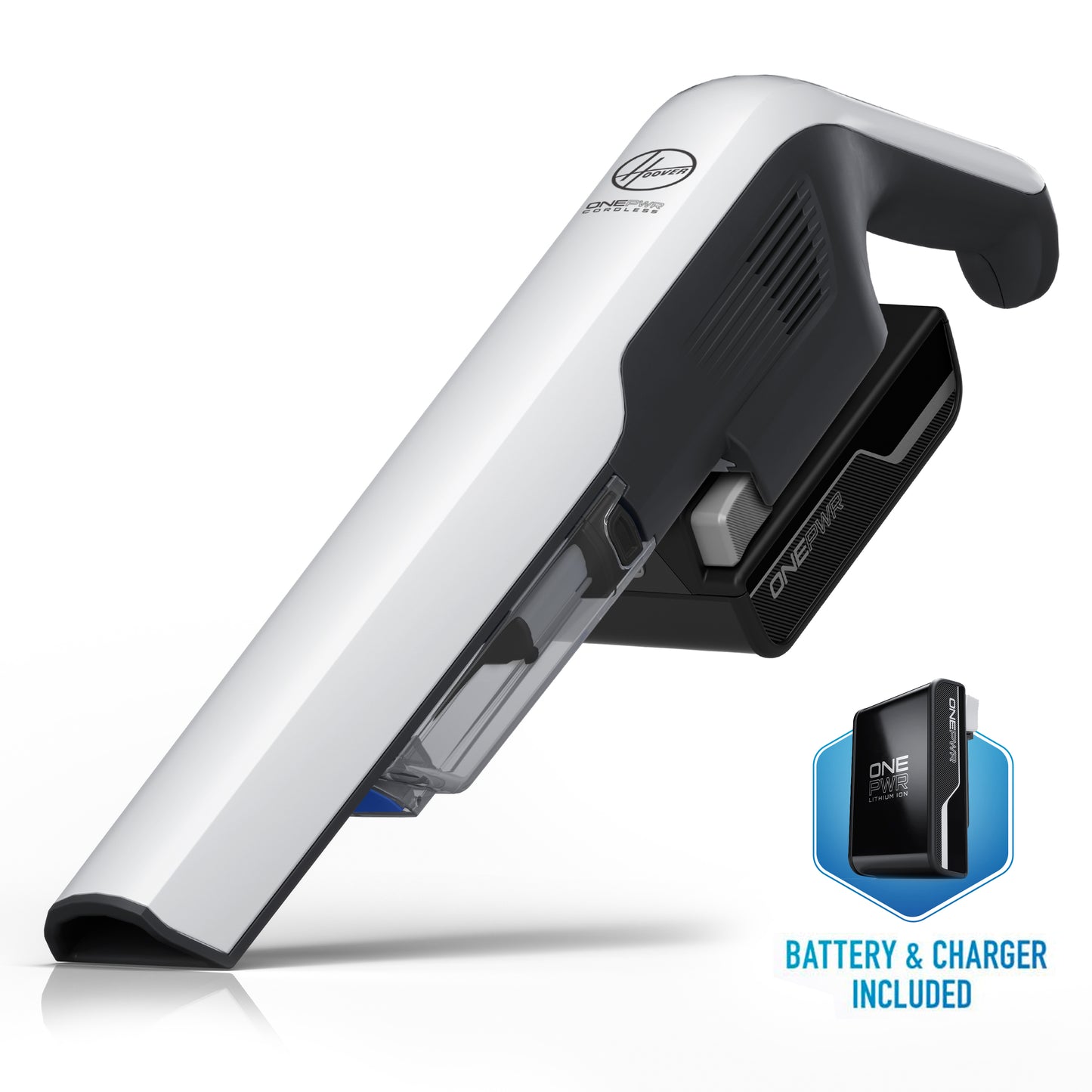 Side view of a Hoover handheld vacuum cleaner with a sleek white design, featuring a ONEPWR lithium-ion battery attached at the back, highlighting its portability. Battery and charger are included.