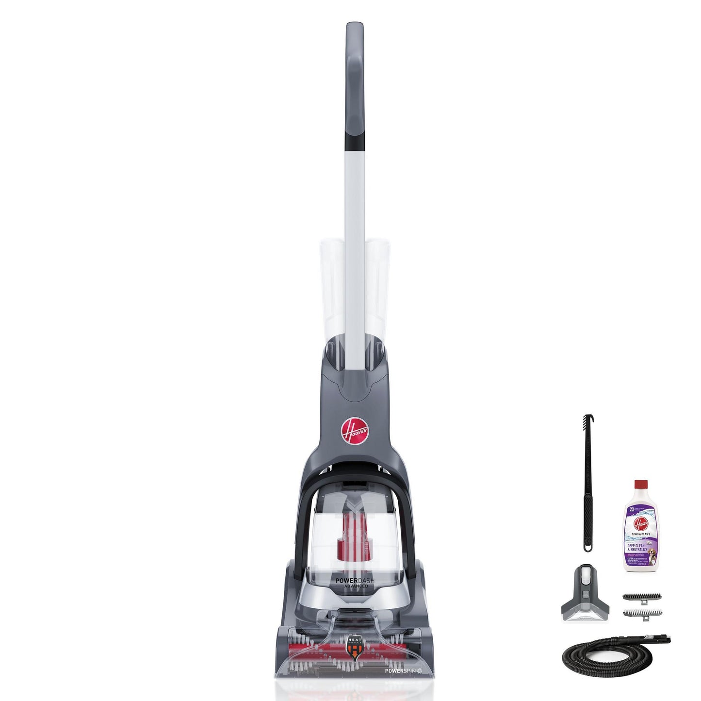 Hoover powerdash pet compact carpet cleaner with included attachments and cleaning solution designed for efficient pet mess cleaning