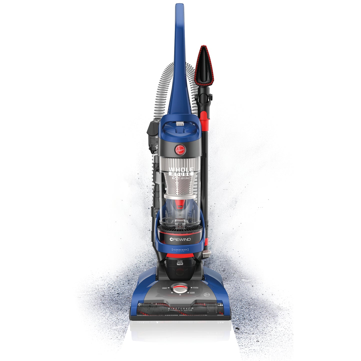 Front facing Hoover Windtunnel 2 whole house rewind upright vacuum on a white background.