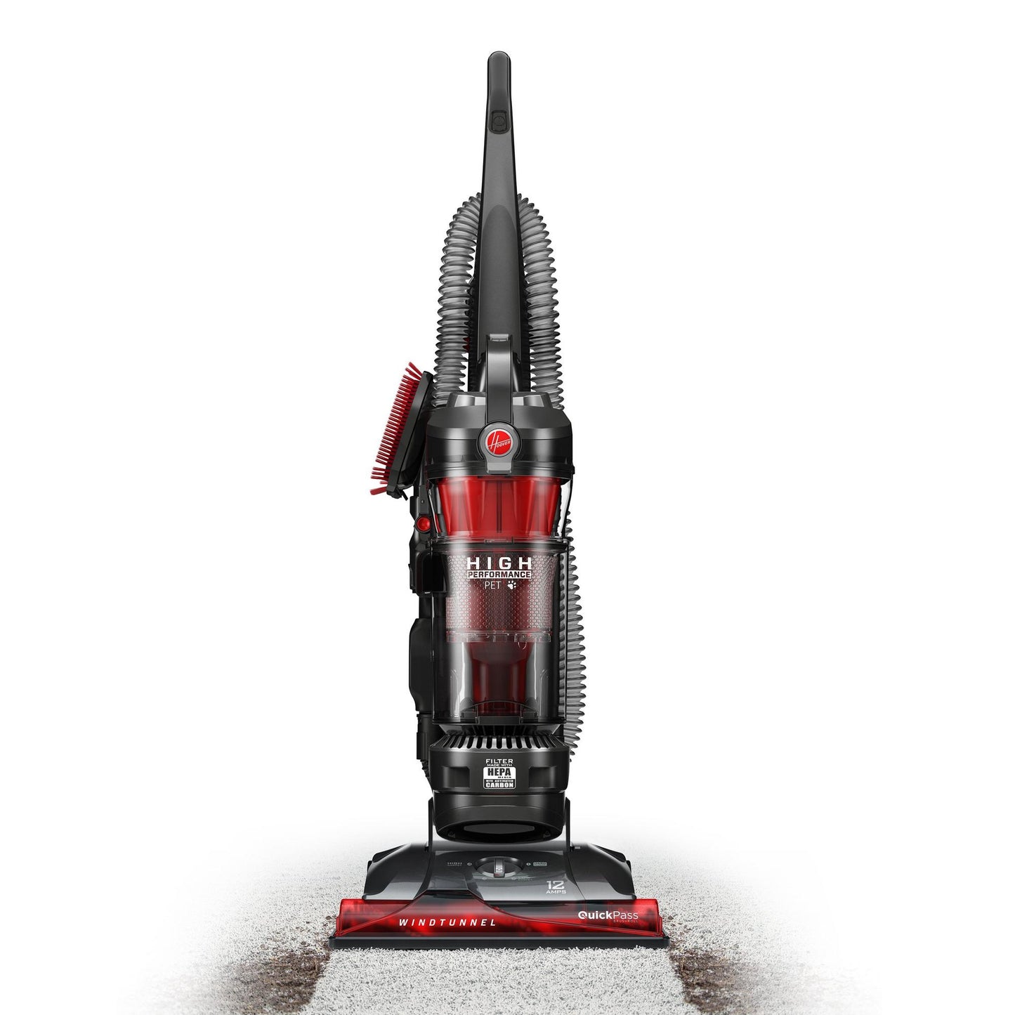 Front view of the Hoover windtunnel high performance pet vacuum cleaner, featuring a red and black design with a clear dustbin.