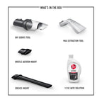 Display of what's included in the box such as the dry debris tool, max extraction tool, bristle agitator insert, crevice insert, and the 12 oz. auto solution.  