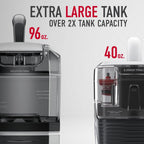 Comparison of two cleaner tanks, showing the Hoover Cleanslate extra large tank with a 96 oz capacity on the left versus a standard tank with a 40 oz capacity on the right.