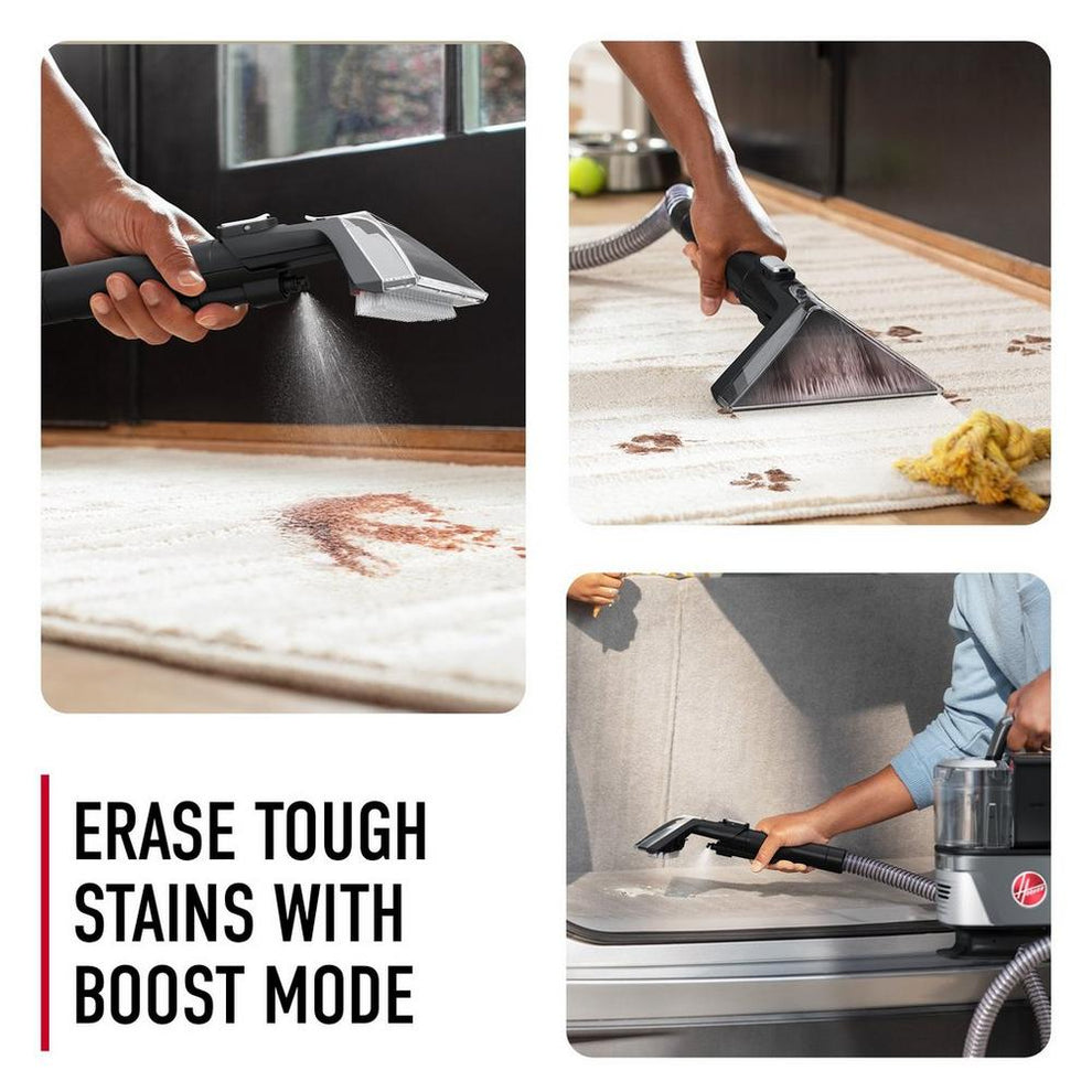 ONEPWR cleanslate cordless spot cleaner is shown cleaning paw prints, a car interior and a tough stain from an area rug using its convenient boost mode setting
