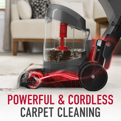 Hoover carpet cleaner showcasing a powerful and cordless design, featuring a transparent tank filled with cleaning solution, highlighting efficient pet stain removal capabilities.