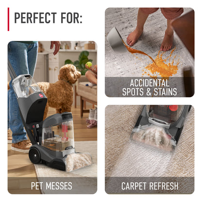 Hoover carpet cleaner highlighted for its effectiveness in tackling pet messes, accidental spots and stains, and refreshing carpets, shown in a home setting with a playful dog and visible stains on the carpet.