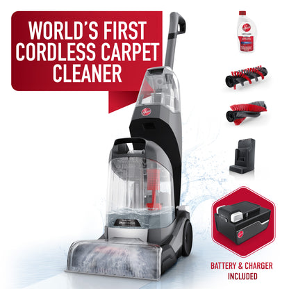 Hoover introduces the world's first cordless carpet cleaner, featuring a transparent water tank, included battery and charger, and additional cleaning solutions and brushes displayed alongside the SmartWash design for efficient carpet cleaning.