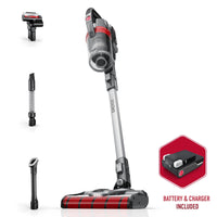 Front facing ONEPWR emerge pet with all terrain dual brush roll nozzle pictured next to its included attachments: 2 in 1 tool, motorized pet tool, powered extension hose, battery and charger.