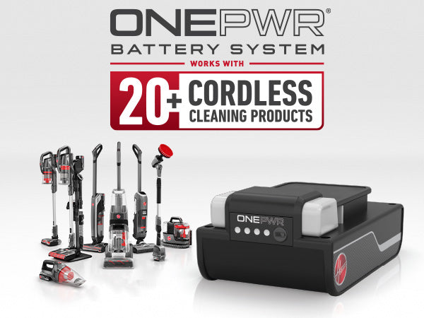 Hoover ONEPWR battery system is compatible with over 20 cordless cleaning products, displaying a range of 8 vacuums and cleaning tools the ONEPWR battery is compatible with