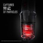 Close up of Hoover vacuum cleaner feature showing the filter and highlighting its ability to capture 99.4% of particles, emphasizing superior filtration for cleaner air.  