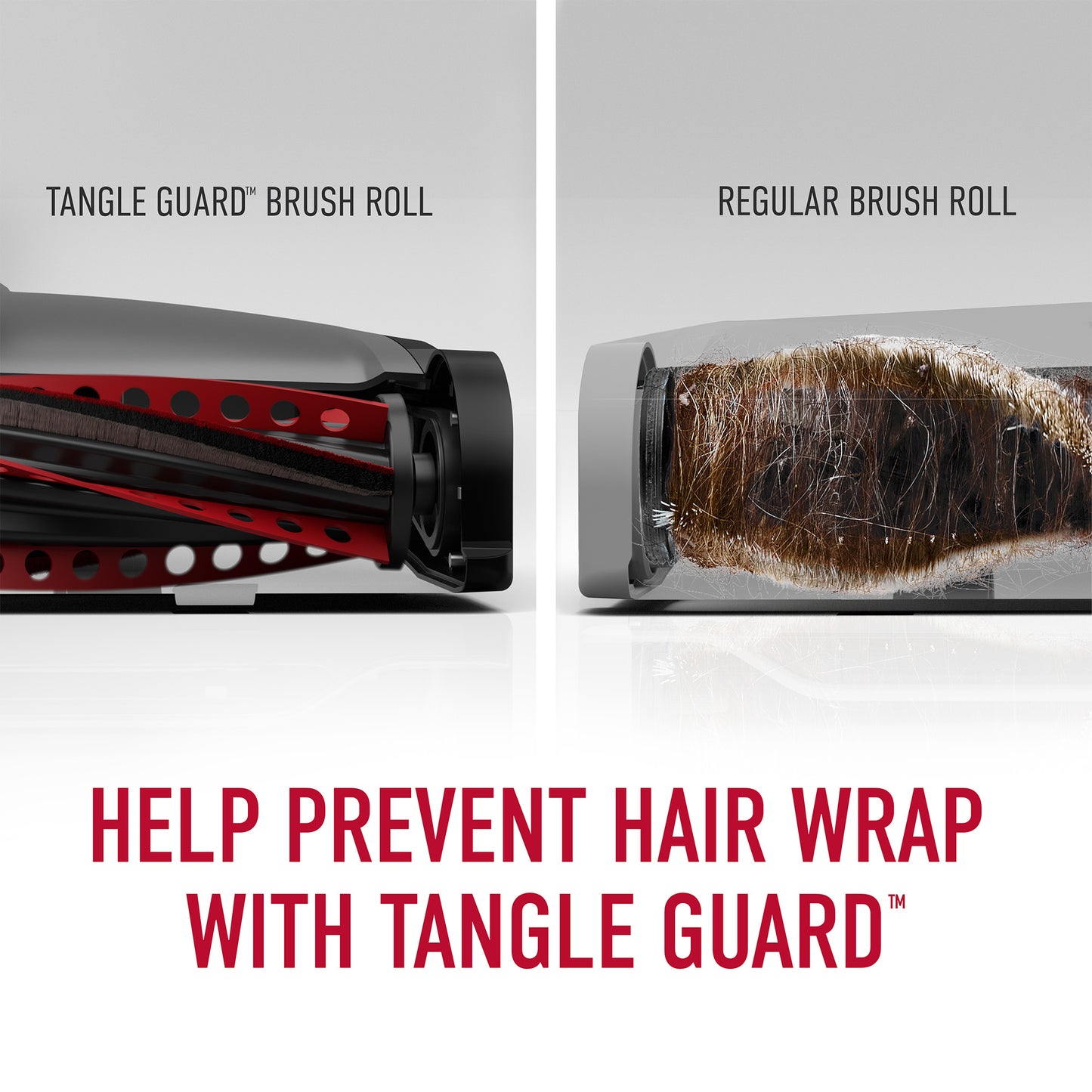 Comparison of tangle guard brush roll and a regular brush roll, demonstrating how Hoover's tangle guard technology helps prevent hair wrap