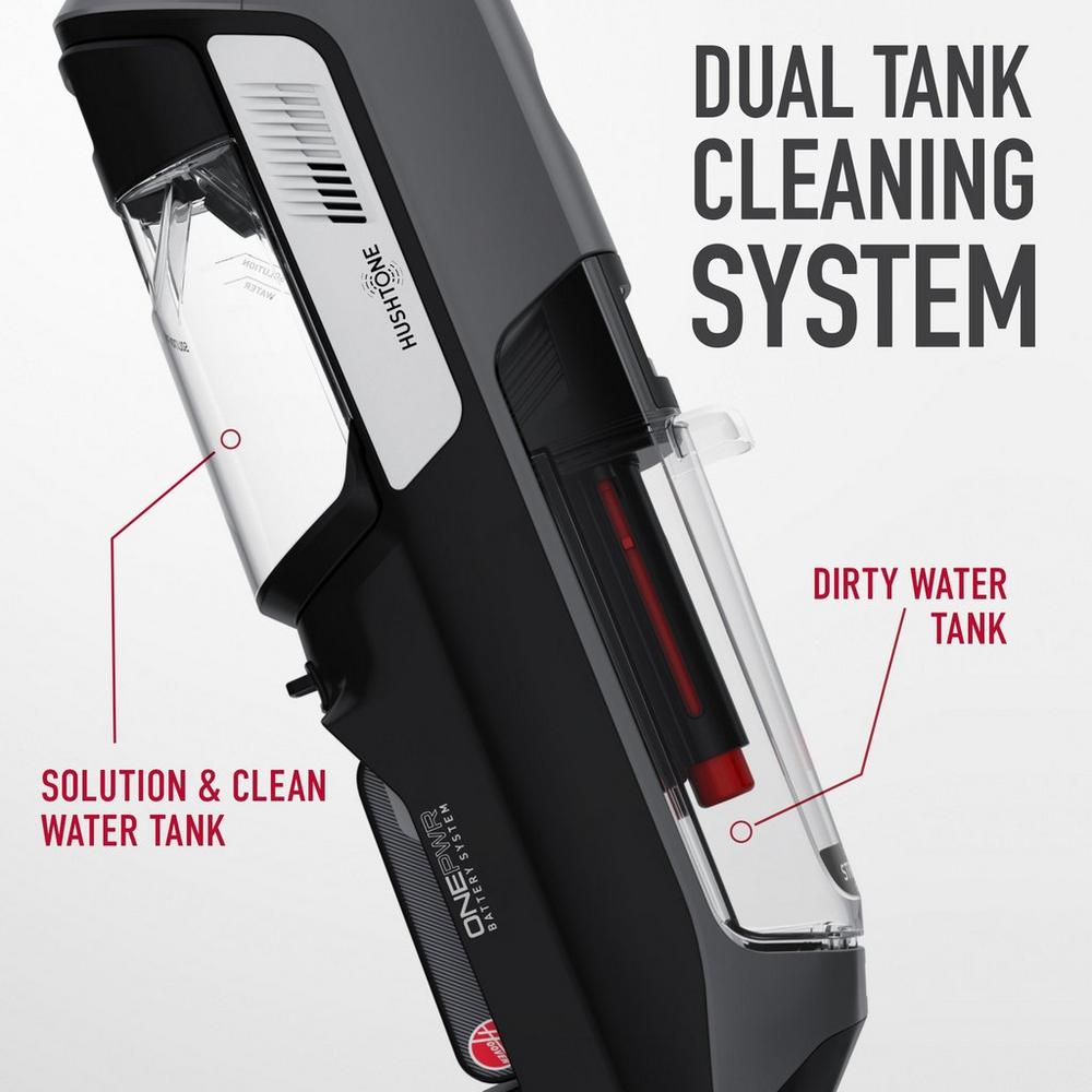 Side view of Hoover cordless vacuum cleaner showcasing its dual tank cleaning system with labeled compartments for the solution and clean water tank and dirty water tank.