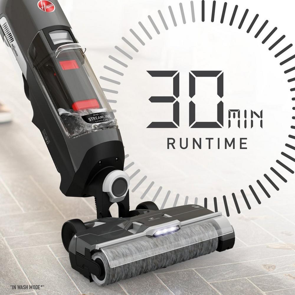 Close-up of the ONEPWR cordless vacuum cleaner highlighting its 30-minute runtime feature, with a digital clock display emphasizing duration, set against a gray background.  