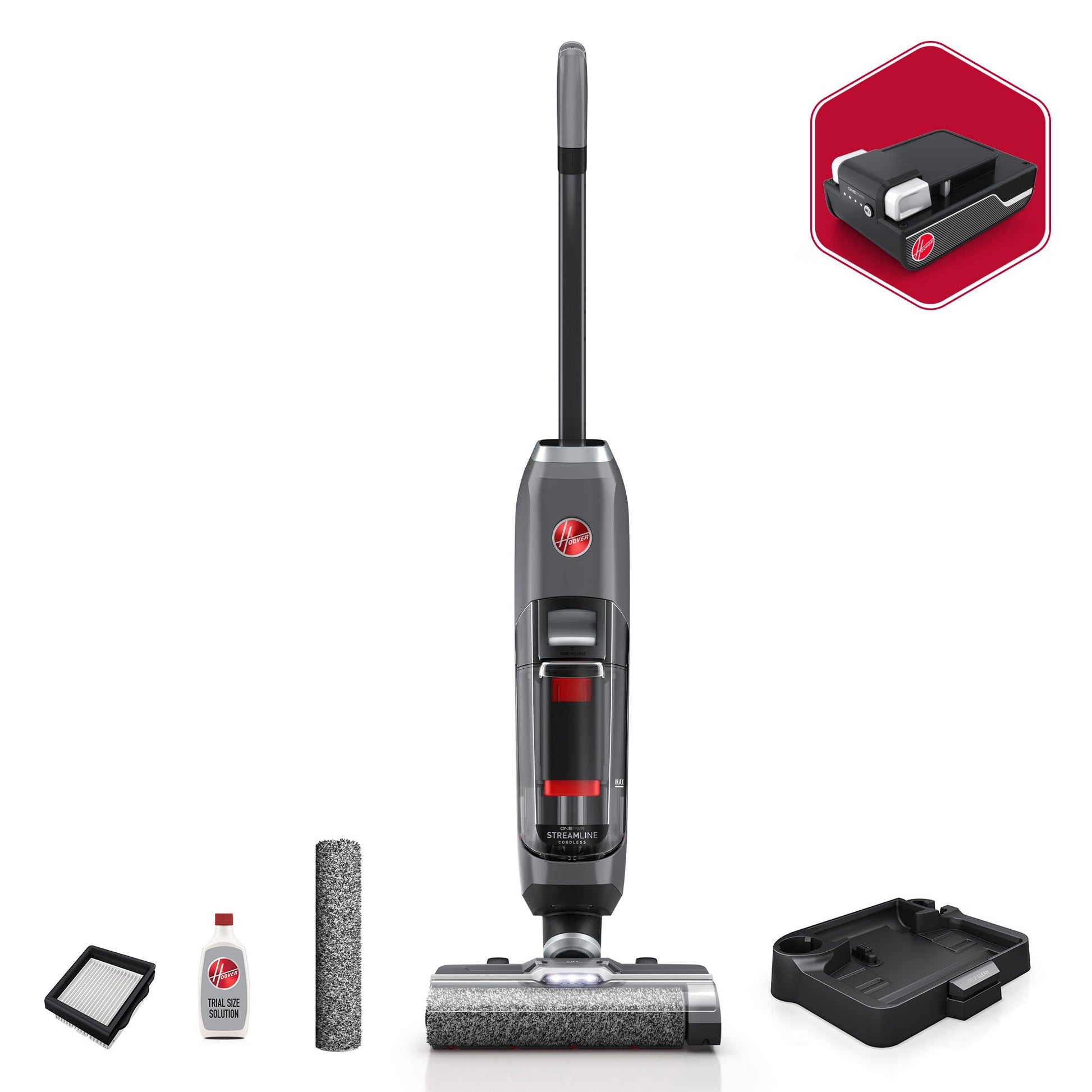 ONEPWR Streamline cordless hard floor wet dry vacuum displayed next to its included accessories, two filters, one 4Ah ONEPWR battery, two microfiber brush rolls, and a self-cleaning storage and charging tray.  