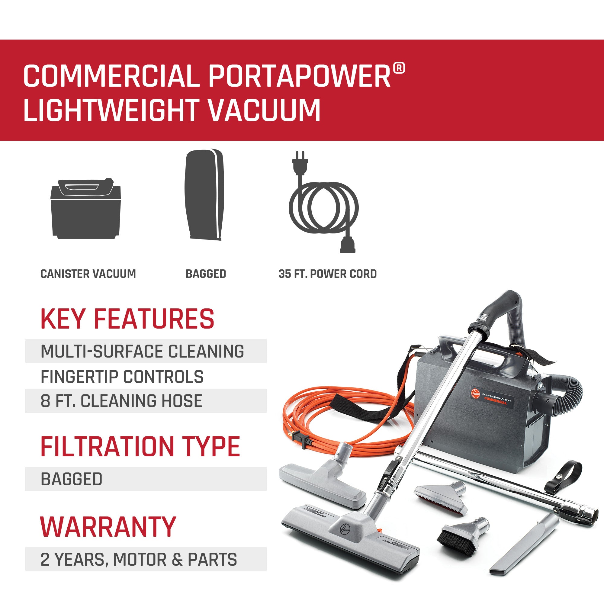 Hoover Commercial PORTAPOWER newest Lightweight Canister Vacuum Cleaner with Attachment