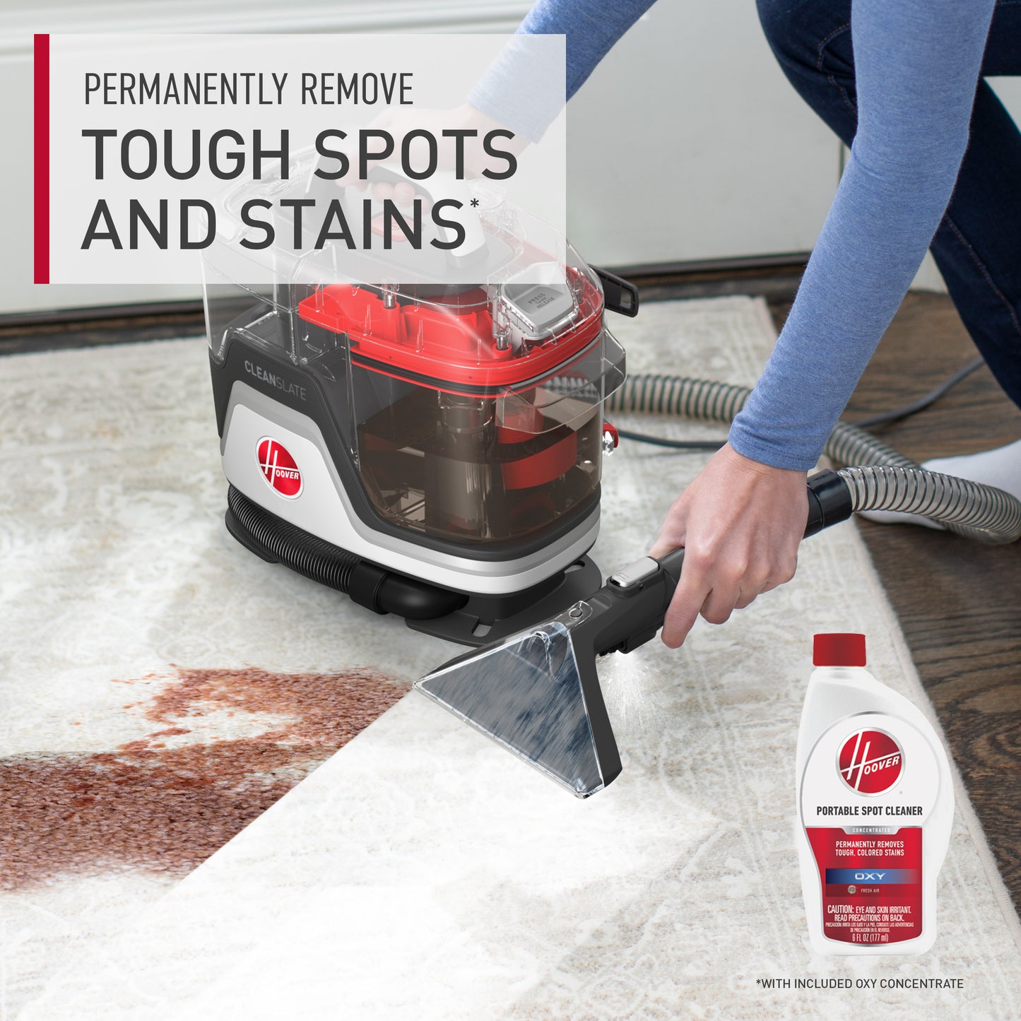 Demonstration of a Hoover Cleanslate portable spot cleaner in action, easily and permanently removing tough spots and stains from a white carpet 