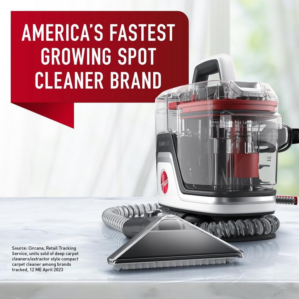 Cleanslate pet carpet and upholstery spot cleaner is shown with an announcement that Hoover is America's fastest growing spot cleaner brand