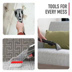 The Hoover widepath tool, pet tool and tight spot tool shown cleaning a carpet, stairs, and a couch, highlighting the versatility of the included tools 
