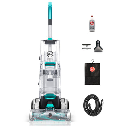 Front facing Hoover Smartwash+ automatic carpet cleaner shown with included 4 inch 2-in-1 Tool, 8 foot hose, trial sized solution and storage bag.