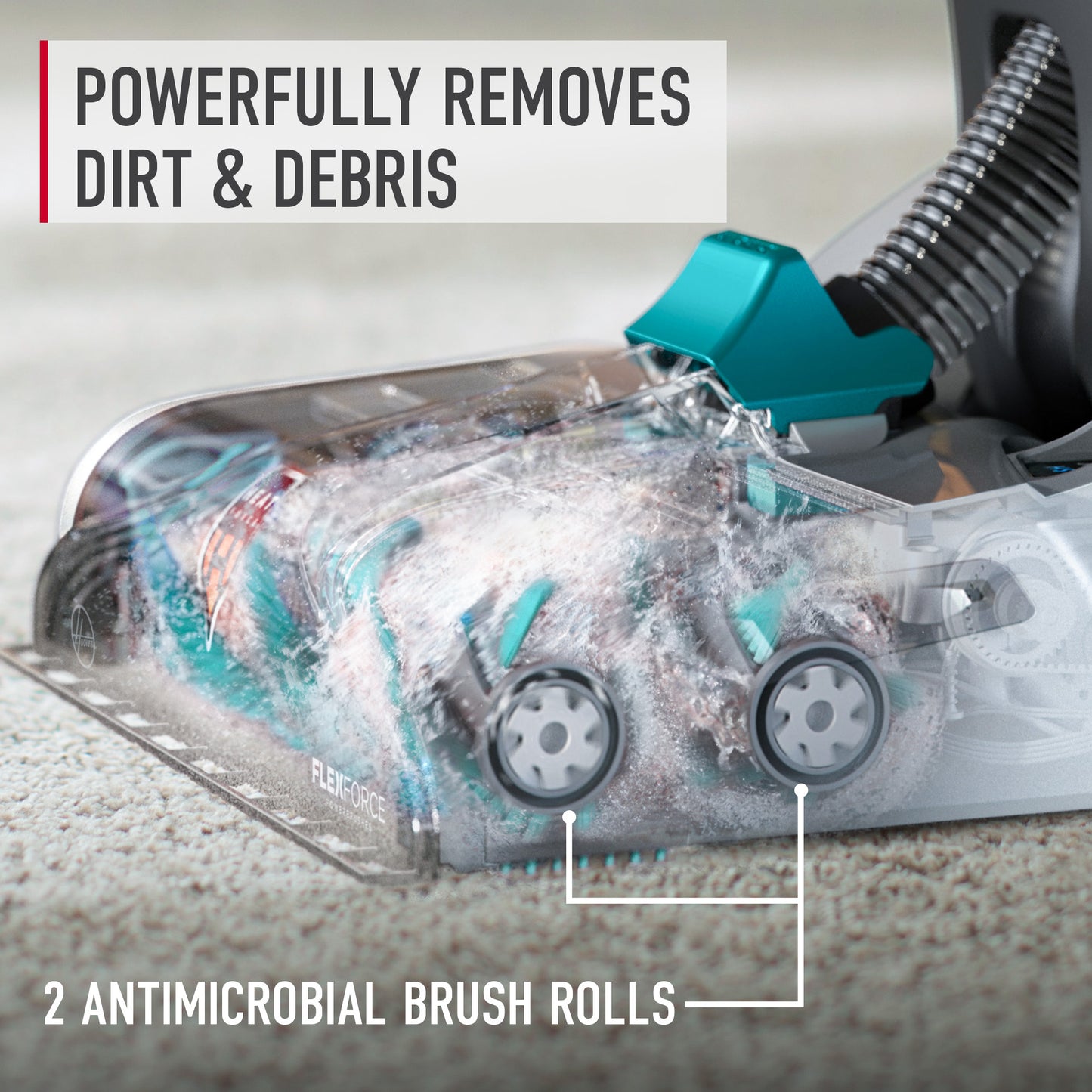 Hoover Smartwash+ automatic carpet cleaner with FlexForce antimicrobial brush rolls designed to powerfully remove deep dirt and debris