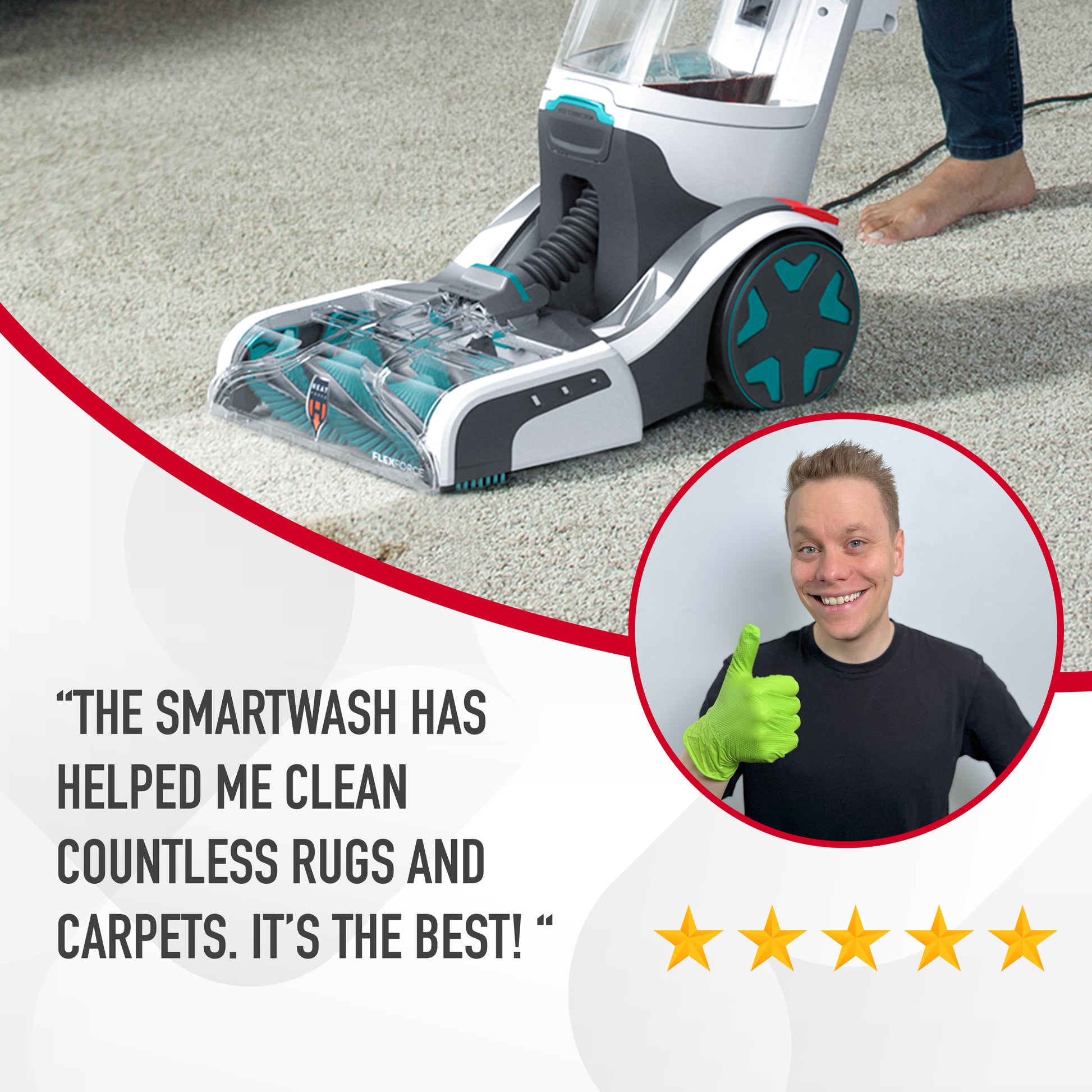 Hoover carpet cleaner testimonial highlighting its effectiveness stating "The smartwash has helped me clean countless rugs and carpets.  It's the best!" 