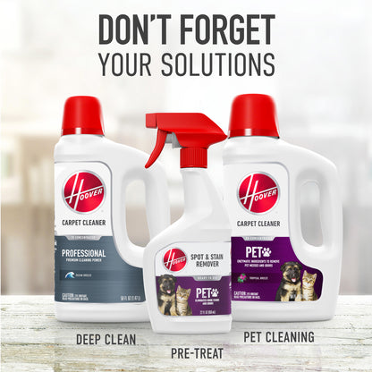 Side by side view of the professional carpet cleaner solution for deep cleaning, Hoover pet plus spot & stain remover solution for pre-treating, and Hoover carpet cleaner pet formula for pet cleaning.
