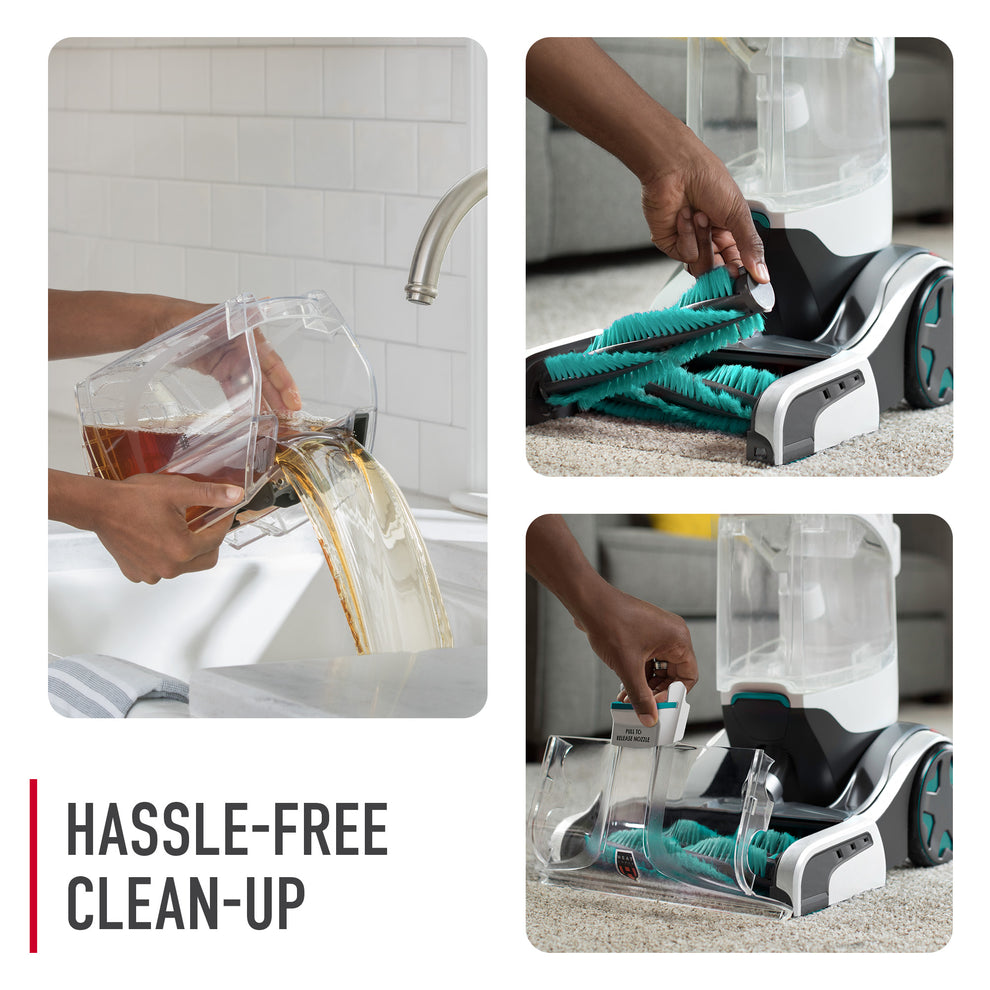Hoover carpet cleaner showcasing its hassle free cleanup.  The image displays three steps: emptying the dirty water tank under a faucet, easily removing the brush roll, and reassembling the vacuum.
