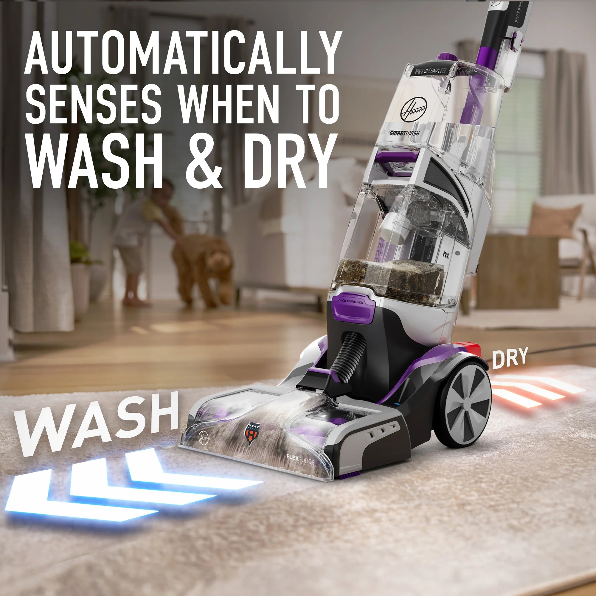 Vacuum cleaner with wash and dry feature in a living room setting