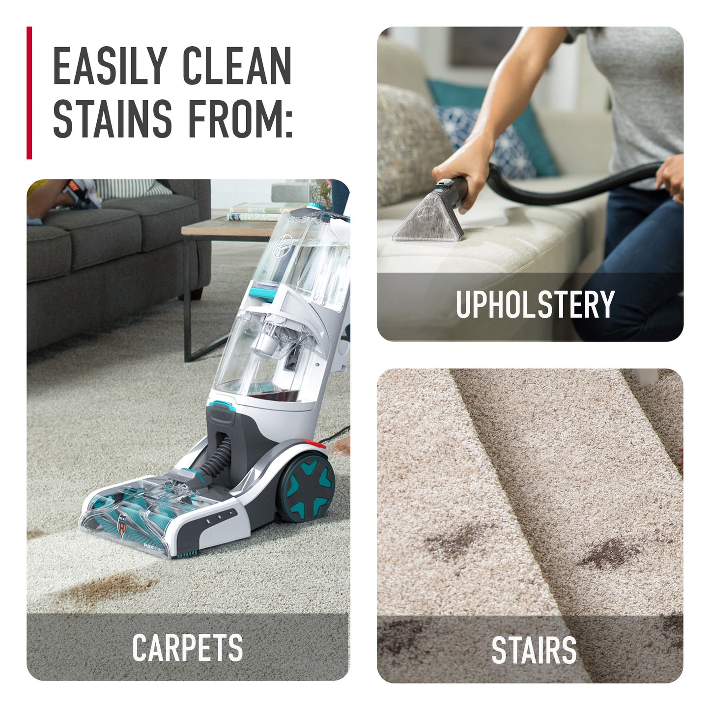 3 images of Hoover carpet cleaner cleaning light colored carpets, stairs, and upholstery.
