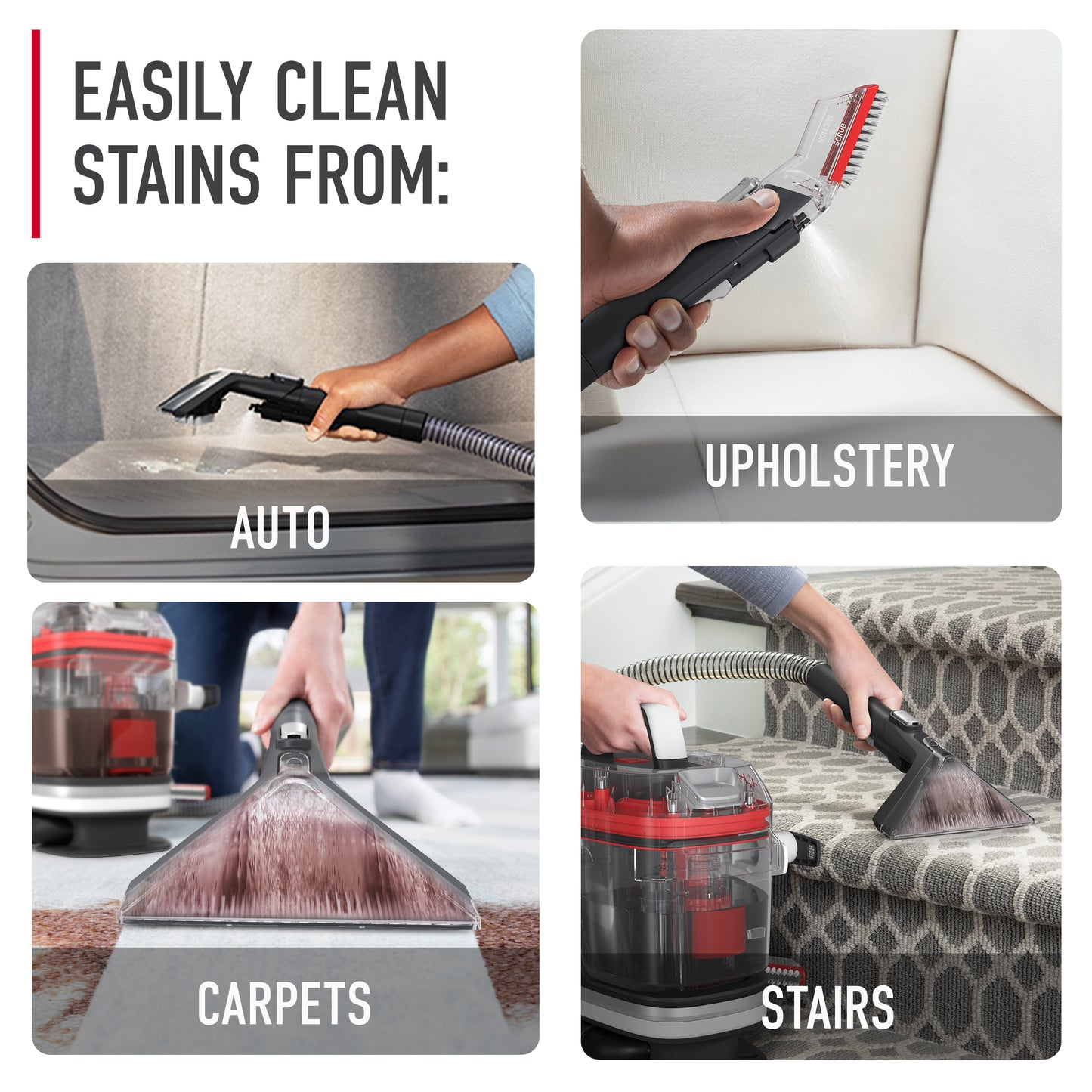 Cleanslate pet portable spot cleaner is shown being used to clean a car interior, white upholstery, light grey carpets, and on grey carpeted stairs.