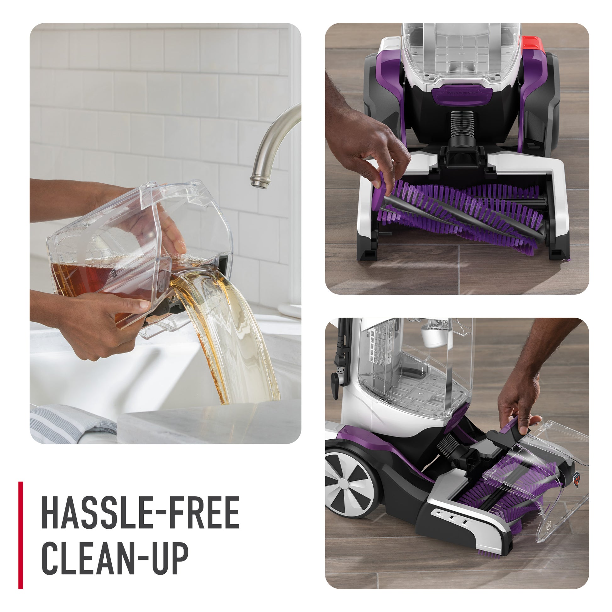 3 close ups of Hoover smartwash pet complete automatic carpet cleaner highlighting a hassle free clean up with easy empty tank and removable brush rolls