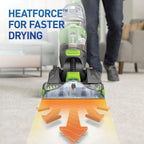 Hoover Dual power max pet carpet cleaner with HeatForce technology for faster drying, shown cleaning pet stains on  a light colored carpet.  