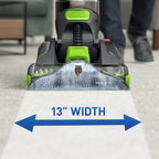 Hoover Dual power max pet carpet cleaner with DualSpin technology, showcasing a 13-inch cleaning width, demonstrated on carpet.  