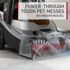 Close up of Hoover powerdash pet advanced carpet cleaner powerspin brush roll showcasing how it powers through tough pet messes