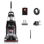 Hoover Turbo Scrub carpet cleaner with accessories including a detachable cleaning tool, hose, cleaning cloth, small brush, and nozzle attachment for effective home cleaning.