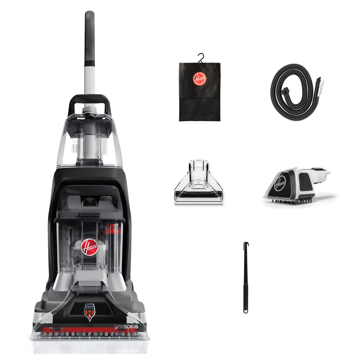 Hoover Turbo Scrub carpet cleaner with accessories including a detachable cleaning tool, hose, cleaning cloth, small brush, and nozzle attachment for effective home cleaning.