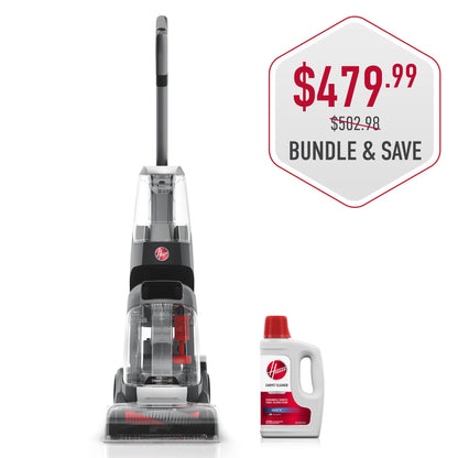 Hoover carpet cleaner unit displayed upright, bundled with a bottle of carpet cleaner, priced at $479.99 with a crossed-out original price of $502.98, showcasing a modern design.