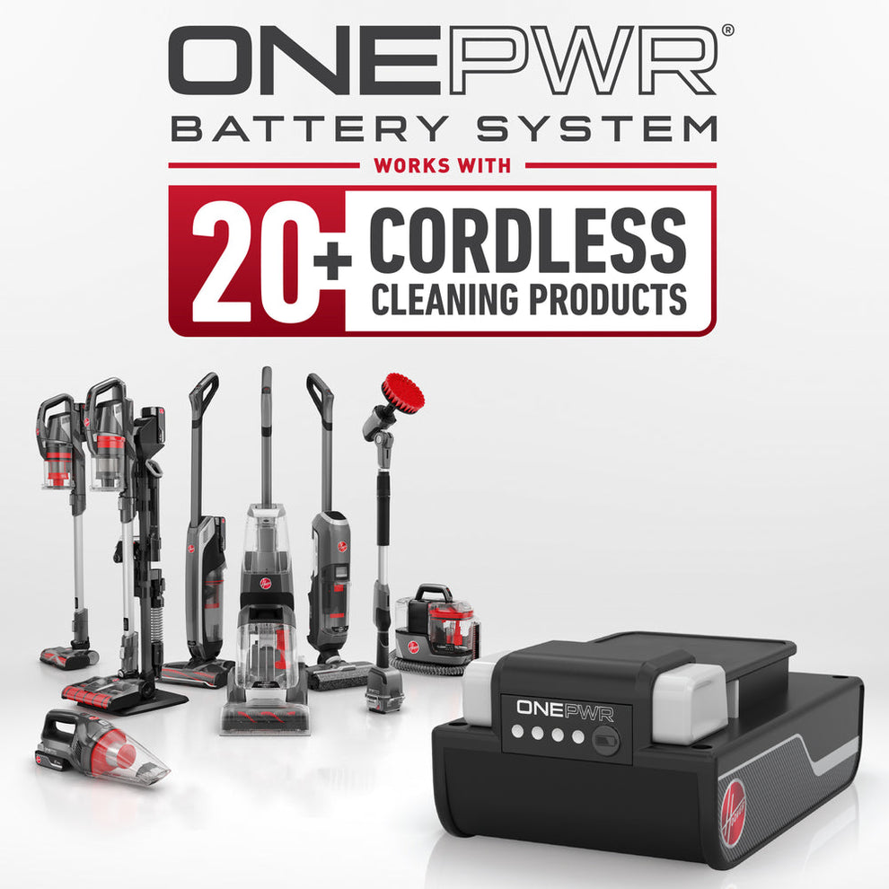ONEPWR Battery System callout displaying the ONEPWR battery works with 20+ cordless cleaning products.  8 ONEPWR cordless products are lined up next to an enlarged ONEPWR battery